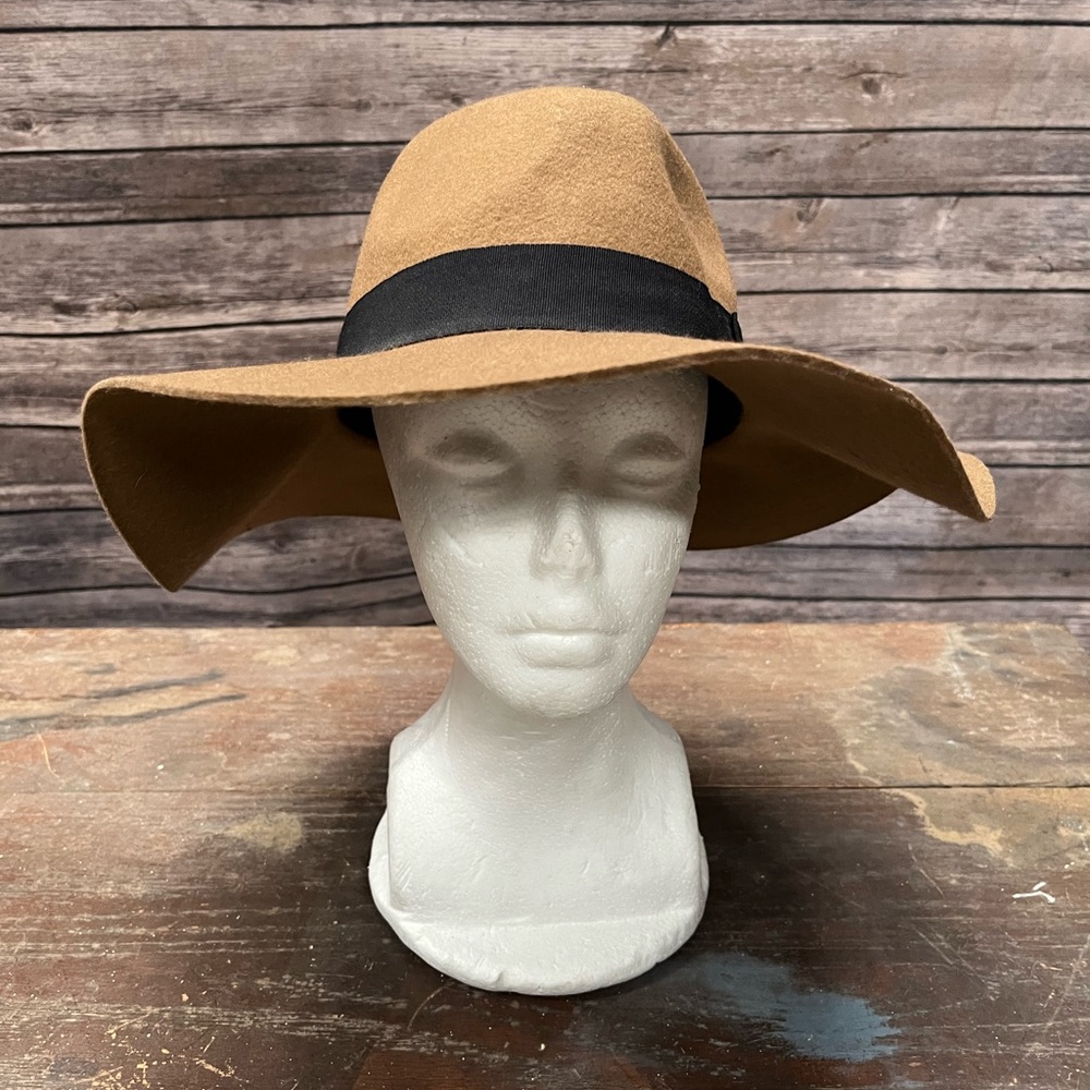 Tan Wool hat medium brim fedora with black ribbon band